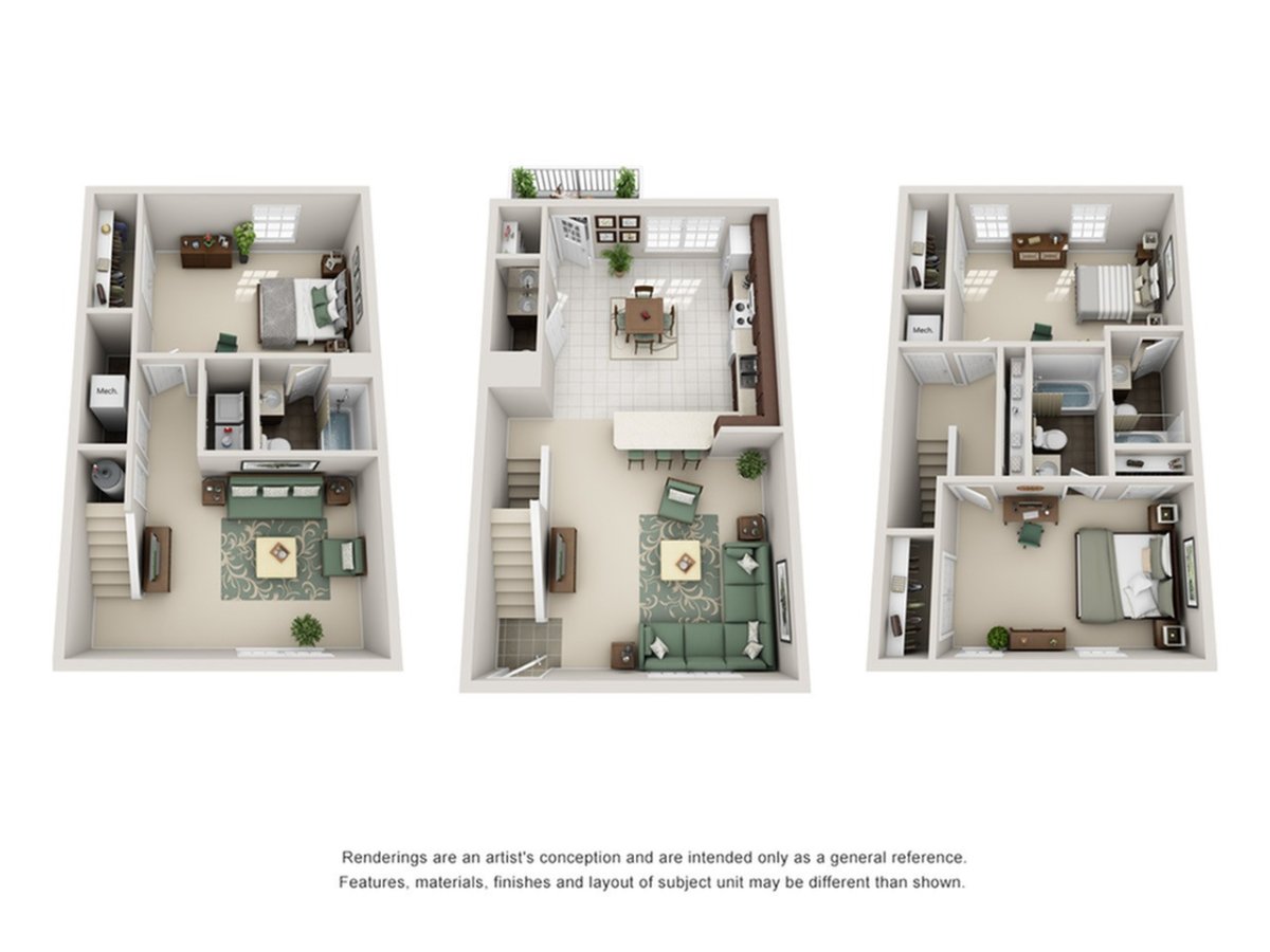 A 3D image of the 3BR/3.5BA – Townhome floorplan, a 1840 squarefoot, 3 bed / 3.5 bath unit