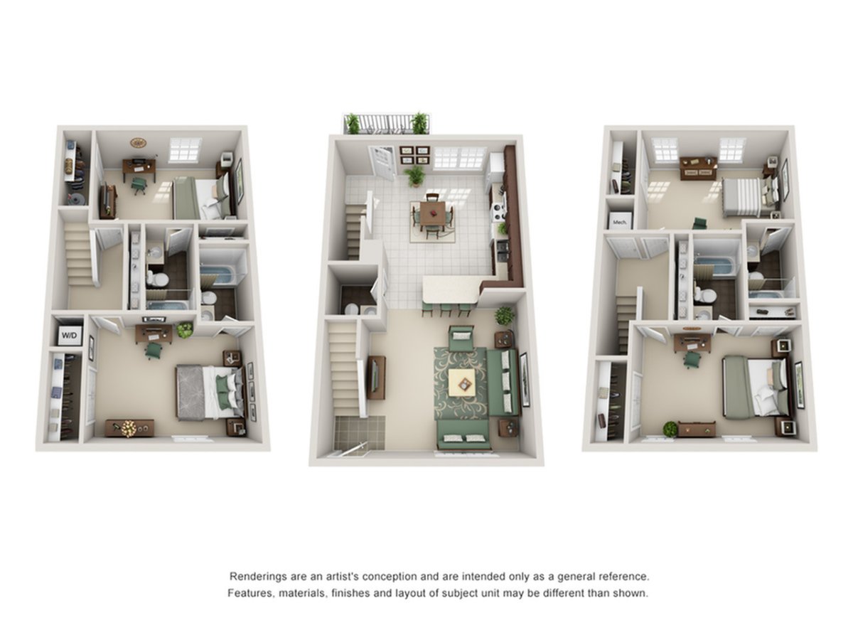 A 3D image of the 4BR/4.5BA – Premium floorplan, a 2000 squarefoot, 4 bed / 4.5 bath unit